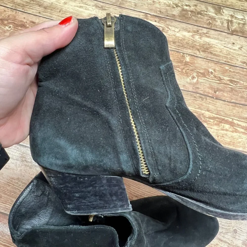 Plomo Boots Womens Eur 39 Ankle Bootie Black Suede Side Zip Low Heels Almond Toe